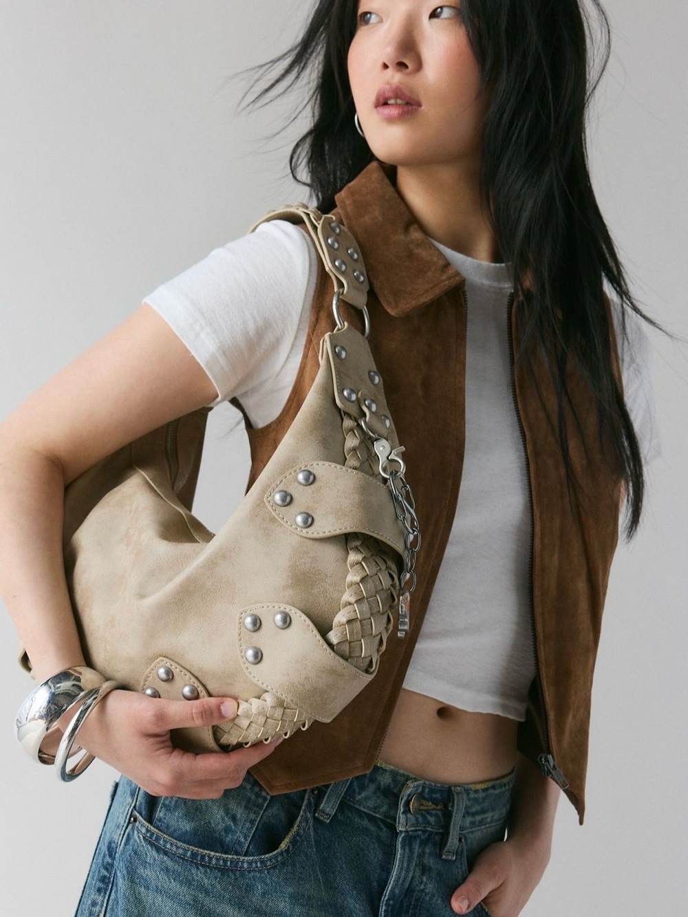 Silence + Noise Faux leather studded hobo bag from urban outfitters